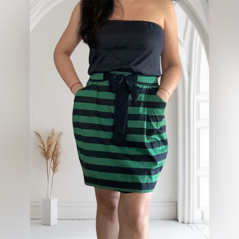 MNG Black and Green Striped Strapless Dress Small